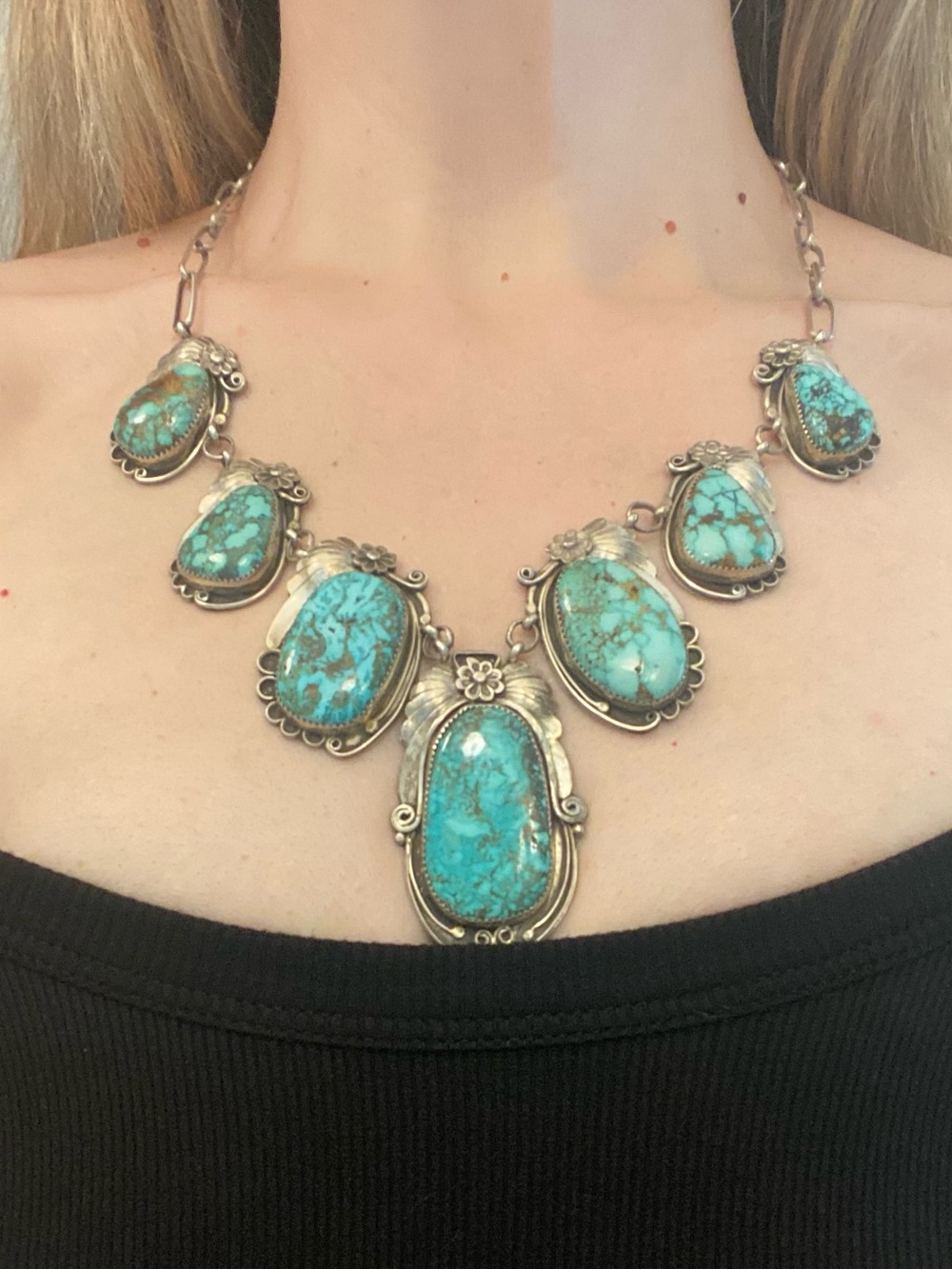 Vintage Navajo Sterling Silver Turquoise Cluster Necklace -Henrietta Yesele 95g